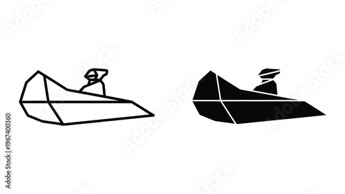 Contrast between a light and dark boat with a person standing on each