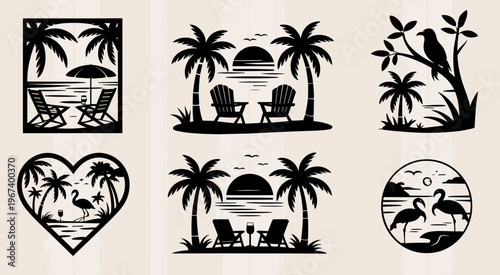 Tropical Beach Sunset Silhouette Icons Set Palm Tree Vacation Vector Collection