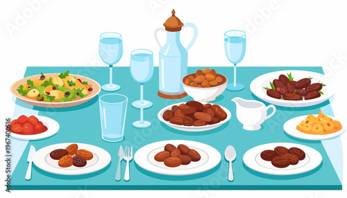 Table Setting with Various Dishes and Drinks.