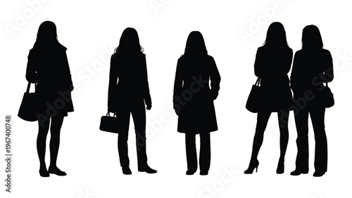Silhouettes of five women some carrying purses against a plain white background