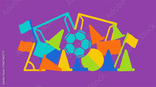 Vibrant flat design illustration of soccer training gear and geometric shapes