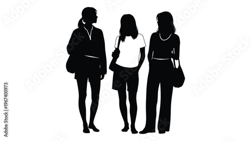 Three women standing together in silhouette facing forward with varying attire