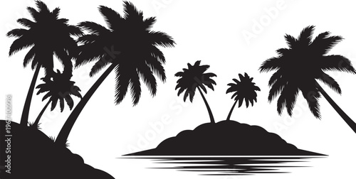 Black silhouette of palm trees on islands white background