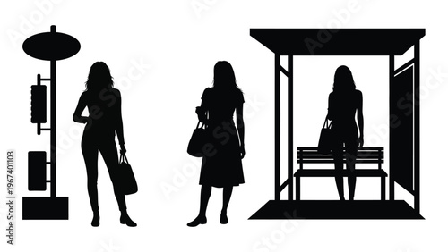 Silhouettes of three women waiting at a bus stop with a nearby information kiosk