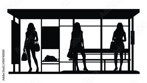 Silhouetted figures of three women waiting at a bus stop shelter