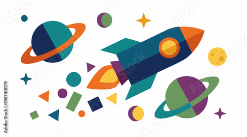 Colorful rocket flying through space surrounded by planets, stars, and shapes