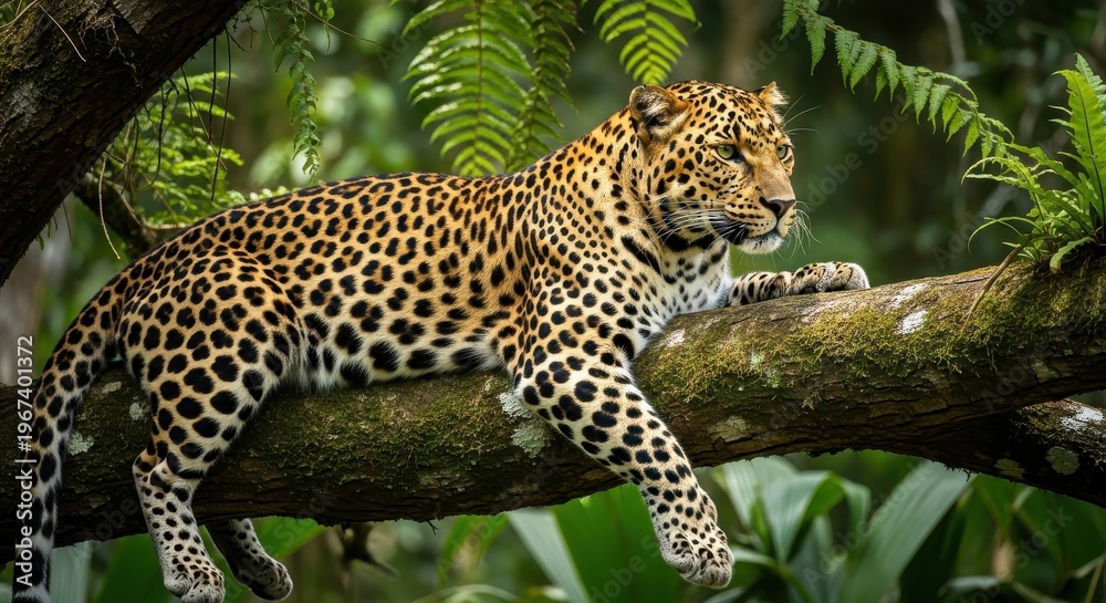 Obraz premium Leopard Resting on Tree Branch in Forest.