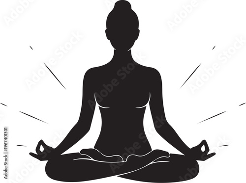 Black silhouette of woman in lotus position with hands in mudra and rays