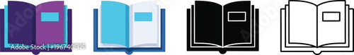 Set of open book icons in various styles including minimalist flat design and outline glyphs perfect for education and digital library applications