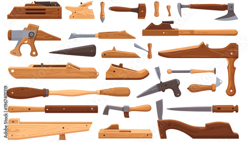 Collection of various wooden hand tools.