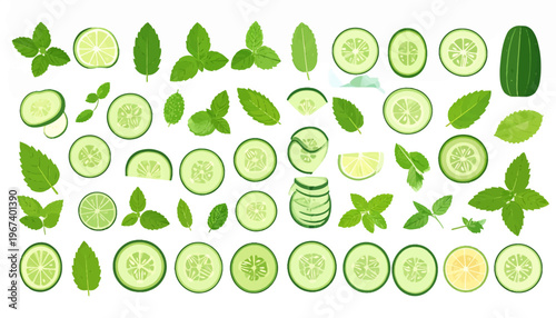 Sliced Cucumber and Fresh Mint Leaves.
