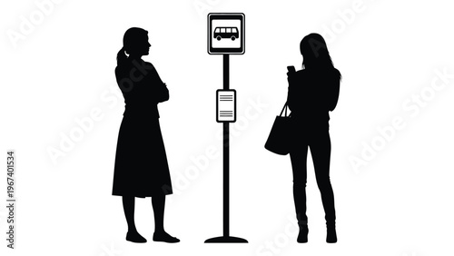 Two women wait at a bus stop one using a smartphone in a minimalist black silhouette