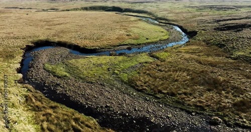 Soaring above curvy river.