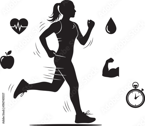 Black silhouette of woman running with fitness exercise