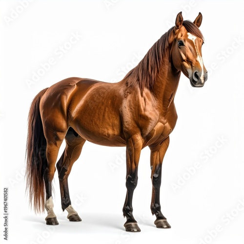 Full body studio portrait of a muscular brown bay horse with a white blaze and socks standing in an alert posture isolated on a white background, highly detailed anatomy.