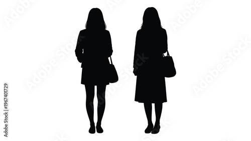 Two women depicted as silhouettes each carrying a handbag and appearing to walk