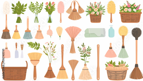 Illustration of Various Cleaning Tools and Plants.