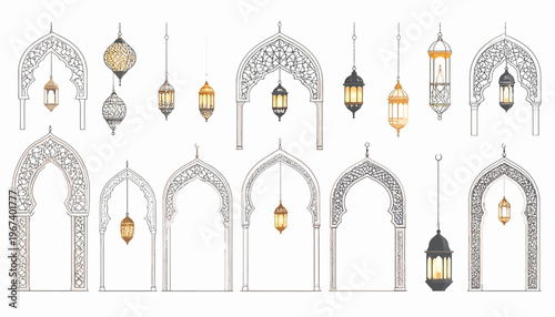 Islamic Lanterns Hanging from Arches Illustration.