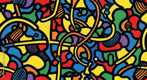 Vibrant abstract pattern displays a lively composition of interconnected primary and secondary colored shapes, outlined in black, creating a dynamic and playful visual texture.