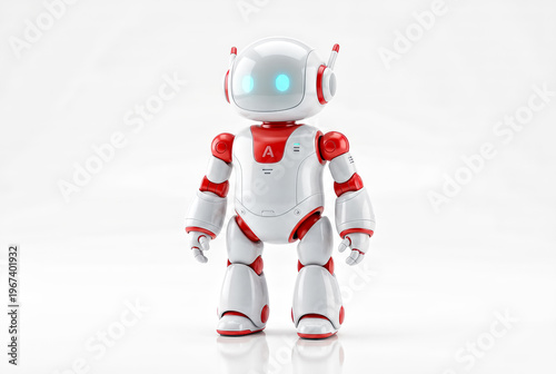 Minimalist 3D render of a cute robot toy, glossy materials and simple shapes, isolated on white background with studio lighting, modern technology concept and playful aesthetic.