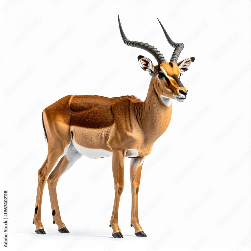 Obraz premium Full body studio portrait of an adult male impala (Aepyceros melampus) with large lyre-shaped horns standing centered on a white background, featuring realistic fur and anatomical detail.