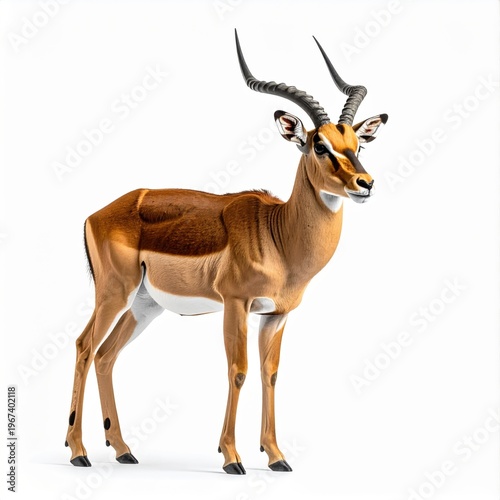 Full body studio portrait of an adult male impala (Aepyceros melampus) with large lyre-shaped horns standing centered on a white background, featuring realistic fur and anatomical detail.