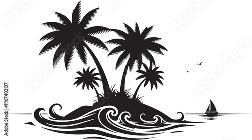 Black silhouette tropical island with palm trees and sailboat