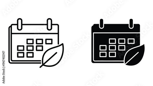 Contrast of calendar icons with leaf accents in black and white styles