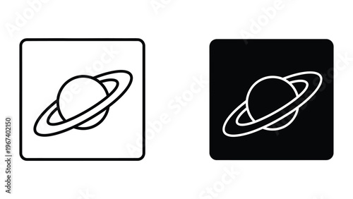 Contrasting depictions of a planet with rings on white and black backgrounds