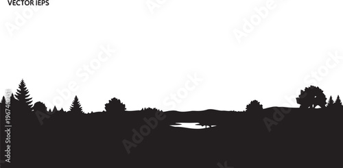 Black silhouette trees on horizon with pond forest
