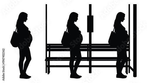 Three pregnant women stand at a bus stop depicted in a stark silhouette style