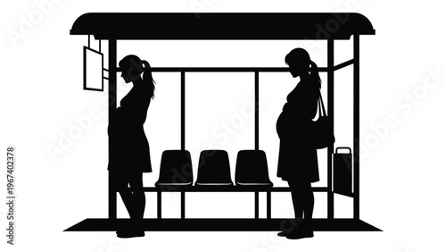 Silhouette of two women one visibly pregnant waiting at a bus stop