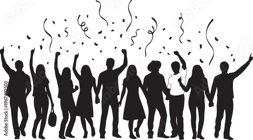 Black silhouettes of people celebrating with confetti and ribbons