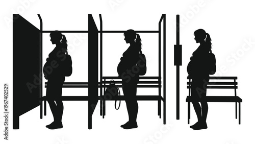 Silhouettes of pregnant women waiting at a bus stop or public transit station