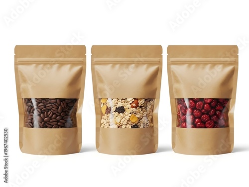 Three brown paper bags of assorted dry goods