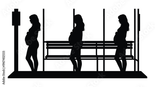 Silhouettes of three pregnant women waiting at a bus stop or shelter