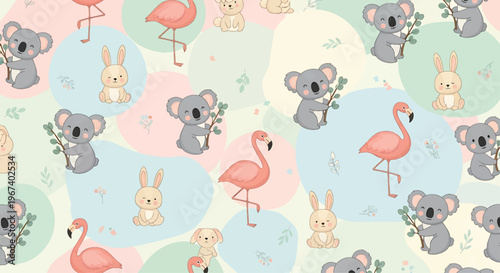 Cute animal pattern displays adorable cartoon koalas, pink flamingos, and fluffy bunnies interspersed with pastel organic shapes, creating a playful and whimsical design perfect for children's.