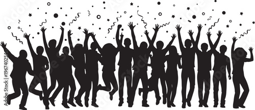 Black silhouettes of people celebrating with confetti and stars