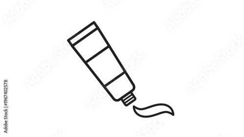 Tube of toothpaste with white paste squeezed out, isolated on a white background in a minimalist line art style.