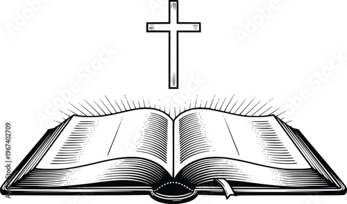 Open Bible with Cross Above Hand Drawn Christian Line Art Vector Illustration