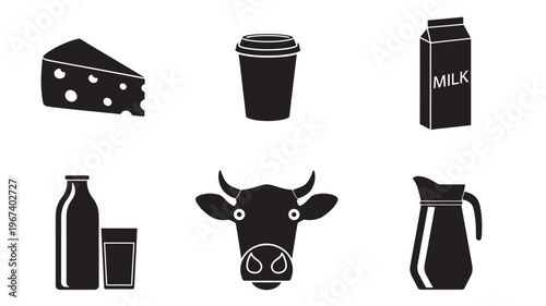 Dairy product icons set with cheese wedge, milk carton, coffee cup, cow head, milk bottle, and pitcher.