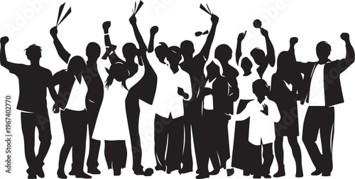 Black silhouettes of people cheering celebration crowd