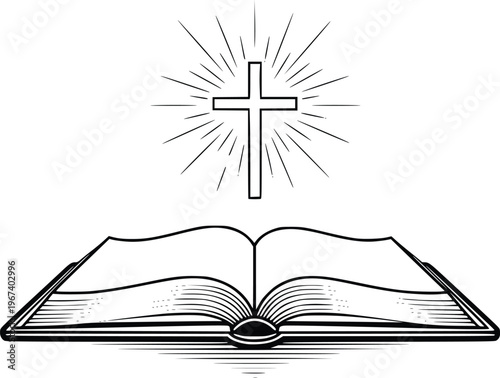Open Bible with Radiant Cross Light Hand Drawn Christian Vector Illustration