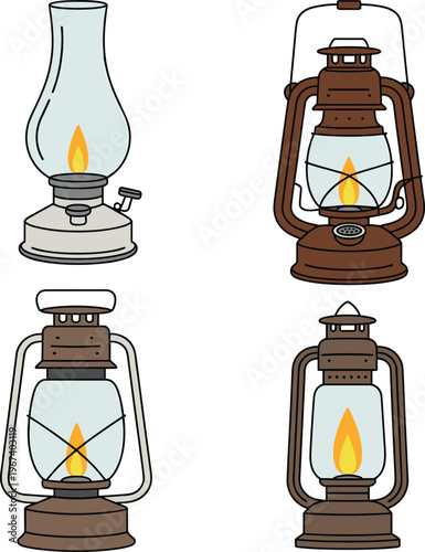 Vintage oil lamps, kerosene lanterns, antique lighting, flame inside glass, metal frame design, retro illumination, decorative lamp, vector illustration, rustic style, classic icon