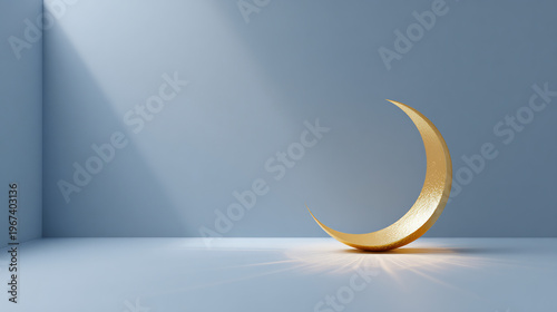 Golden crescent moon on minimalist stage 3d rendered