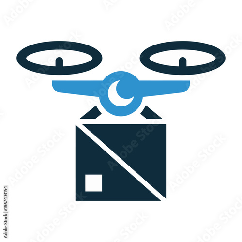 Vector of a modern drone with propellers flying above a package in the sky