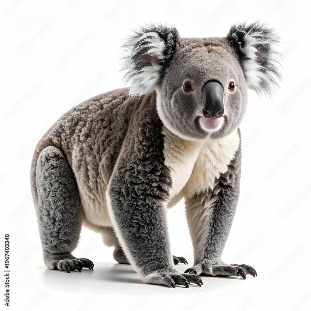 Obraz premium Full body studio portrait of an Australian koala standing on all fours against a white background, featuring detailed grey fur texture, large fluffy ears, and distinct facial features.