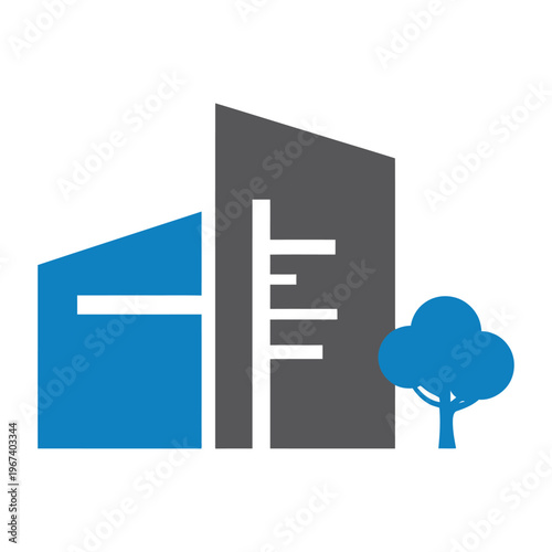 Modern vector of a cityscape featuring tall buildings and a tree against a light background
