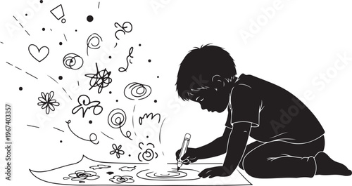 Child on paper with creative symbols rising imagination