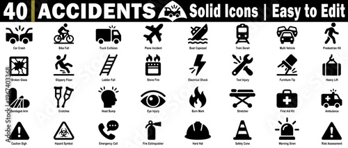 Collection of forty solid accident icons. Detailing hazards like injuries, fires, equipment failures, and vehicle incidents with easy-to-use graphics and vector illustrations.